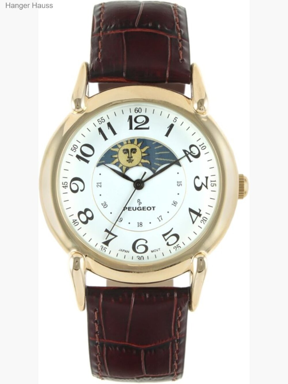 14k Gold Plated Sun Moon Phase Leather Dress Watch